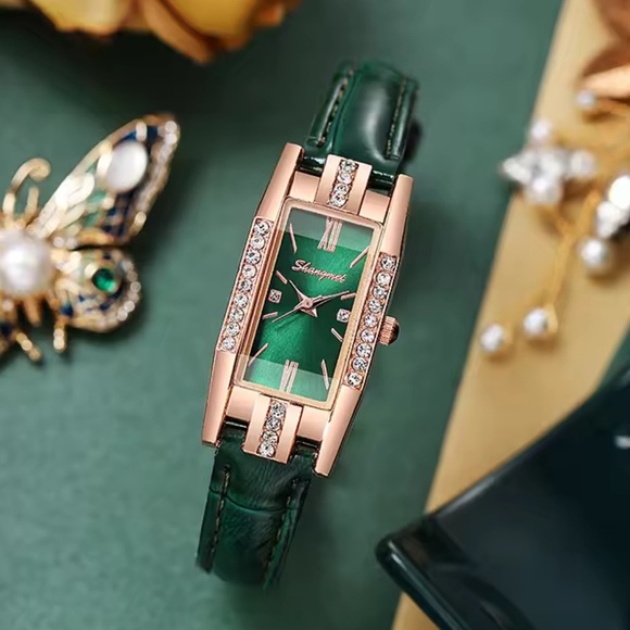 Elegant Green & Red Rectangle Watch – Women’s Luxury Crystal Leather Strap - Picture 3 of 3